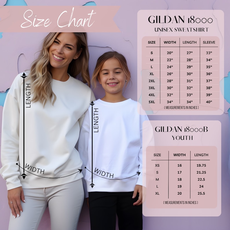 May include: A mother and child wearing white sweatshirts, with a size chart for Gildan 18000 Unisex and Youth sweatshirts. The chart provides measurements in inches for width, length, and sleeve length.