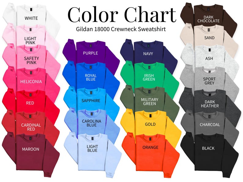 May include: A color chart of Gildan 18000 crewneck sweatshirts in various colors, including white, pink, red, blue, green, and black. Each sweatshirt displays its color name in white text. The chart is designed to showcase the available color options.