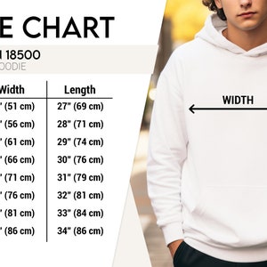 May include: A white unisex hoodie with a size chart. The chart shows measurements for width and length in inches and centimeters. Sizes range from S to 5XL, with widths from 20" (51 cm) to 34" (86 cm) and lengths from 27" (69 cm) to 34" (86 cm).