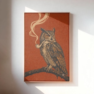 Vintage Owl Smoking Pipe Canvas Print | Moody Dark Academia Wall Art | Gothic Library Decor | Whimsical Bird Artwork | Maximalist Home Decor