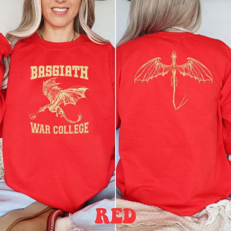 May include: Red sweatshirt with a dragon graphic on the back and the text "Basgiath War College" on the front.