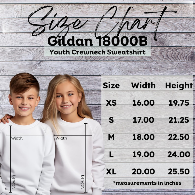 May include: A size chart for a Gildan 18000B youth crewneck sweatshirt. The chart shows measurements in inches for sizes XS to XL. Two children are wearing the sweatshirt, with width and length measurements indicated.