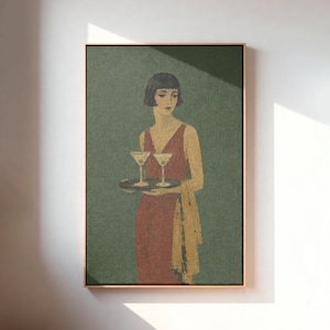 Art Deco Cocktail Lady Canvas Wall Art, Vintage Martini Painting, Elegant Woman Portrait, Moody Bar Cart Decor, Roaring 20s Wall Art