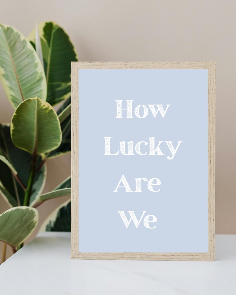 May include: A framed print with the words "How Lucky Are We" in white, centered on a light blue background. The frame is made of light-colored wood. A green plant is visible in the background.