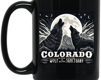 Mug noir Sanctuaire des loups et des chiens-loups du Colorado Black Canyon, 15 oz