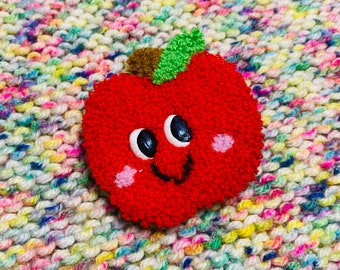 Fuzzy Apple Brooch: Handmade Acrylic Yarn Pin