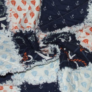 Custom Rag Quilt Personalized Nautical Anchor Sail Boat Navy Blue n Orange Cradle Stroller Coming Home *READY To SHIP*