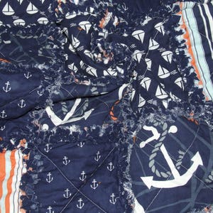 Custom Rag Quilt Personalized Nautical Anchor Sail Boat Navy Blue n Orange Cradle Stroller Coming Home *READY To SHIP*