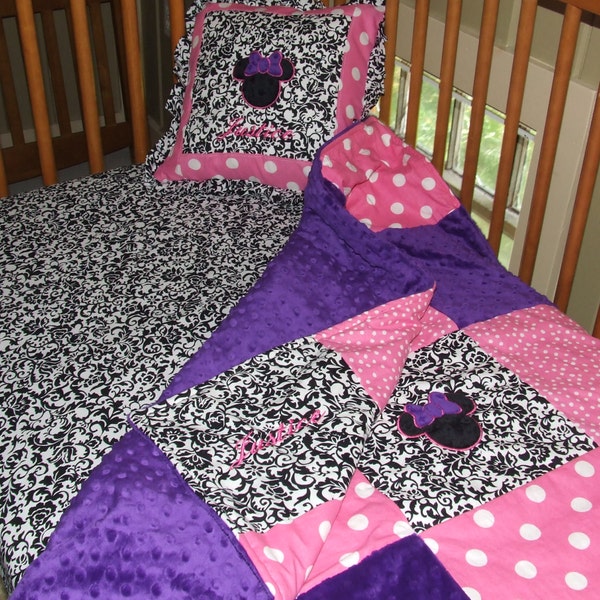 Custom Minnie Pink Purple Red Minky n Damask Personalized Baby Nursery Crib or Toddler Quilt Sheet Pillow Skirt Set * Made To Order *