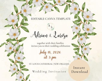 Luxury Wedding Invitation Template | Green&White Invite | Floral Style | Editable Canva Template |