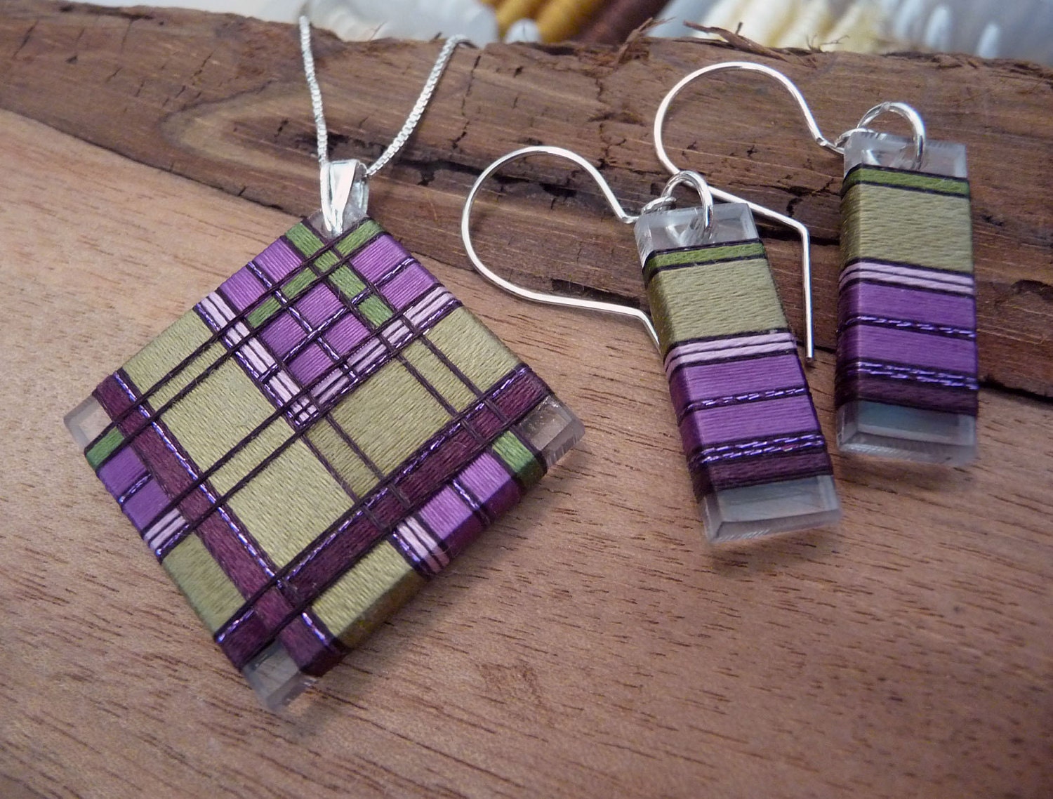 Thread Wrapped Jewelry Set Green and Purple Tartan Plaid Etsy