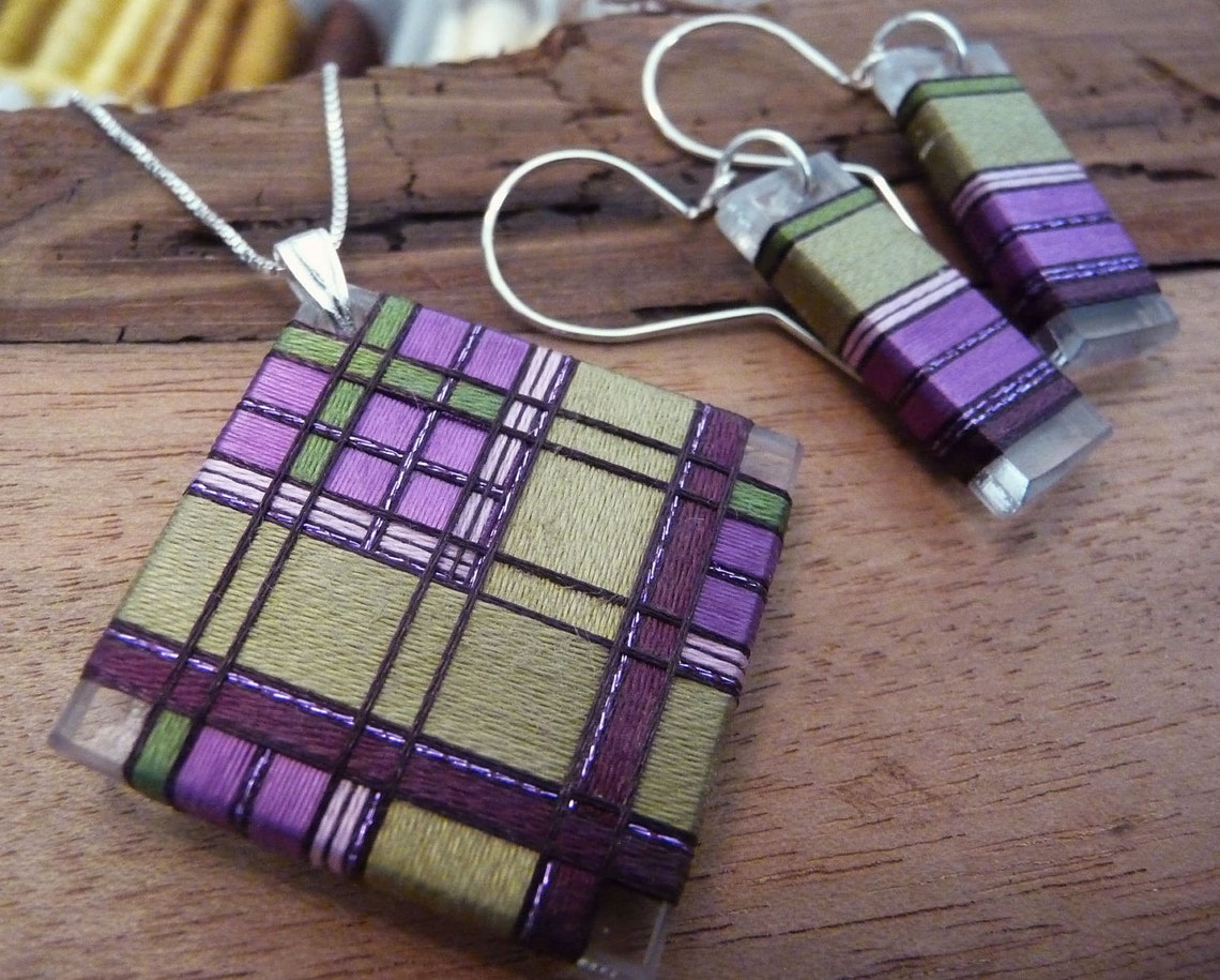 Thread Wrapped Jewelry Set Green and Purple Tartan Plaid Etsy