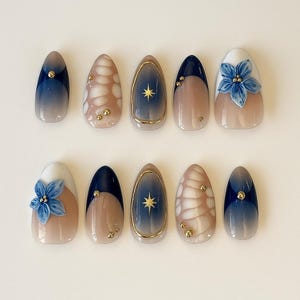 Blue Gradient Press On Nails with 3D Floral and Star Design, Elegant Gold Accents, Handmade Nail Art Set, Luxury Gift for Women