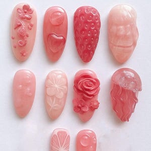 Pink 3D Fruit Floral Jellyfish Press On Nails, Summer Ocean Sea Life Nail Art, Handmade Cute Heart Strawberry Jelly Gel Nails, Gift for Her