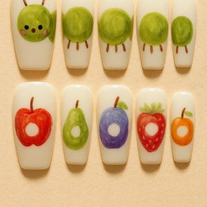 Fruit Caterpillar Press On Nails, Cute Fruit Gel Nail Art, Handpainted Summer Nails, Strawberry Apple Grape Tips, Kawaii Fake Nails