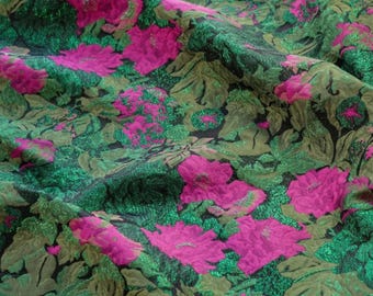 Vintage Emerald & Pink Metallic Floral Brocade – Heavyweight Jacquard Fabric for Upholstery, Tailoring, and Costuming – 55" Wide