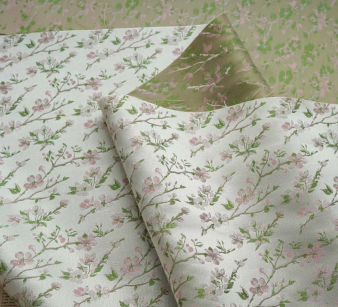 Sage Green Floral Jacquard Fabric by the Meter - Peach Blossom Brocade ...
