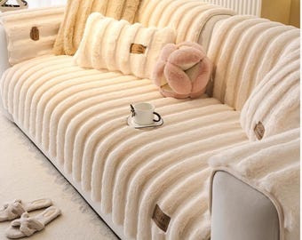 Ultra-Soft Faux Rabbit Fur Sofa Cover - Creamy Thickened Plush Couch Cushion - Striped Faux Fur Throw - Non-Slip Winter Settee Protector