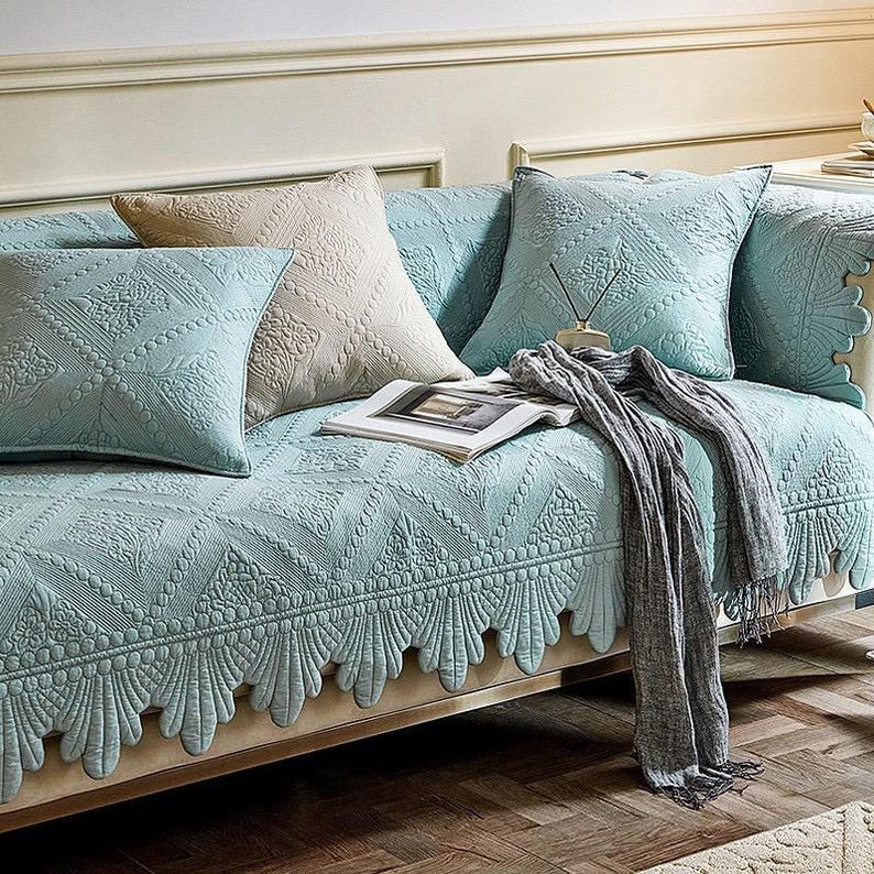 Modern Quilted Sofa Cover - Textured Corduroy Sectional Slipcover, Thickened Non-Slip Furniture Protector, Minimalist Living Room Decor blue
