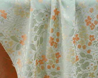 Pastoral Orange Floral Jacquard Fabric, Extra Wide 168cm Sage Green Peach Blossom Brocade Summer Dress Fabric for Kids, Bags, and Home Decor