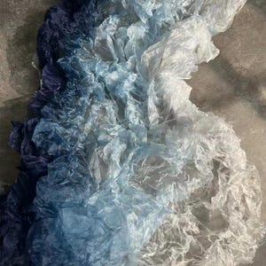 Ocean Blue Gradient Pleated Tulle Fabric - 3D Textured Crinkle Gauze for Bridal Veils, Wedding Decor, and Designer Gowns - By the Half meter