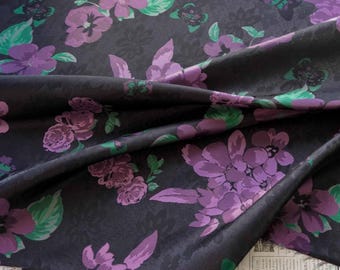 Dark Floral Jacquard Fabric - Purple & Emerald Blossoms on Black Shadow Pattern - 100% Polyester Yarn-Dyed Brocade for  Evening Wear -