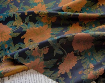 Orange Peony Jacquard Fabric by the Yard, Vintage Chinoiserie Silk-Style Brocade, Floral Textile for, Draped Dresses, and Luxury Curtains
