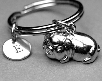 Pig keychain, pig charm, Pot belly pig keychain, potbelly pig charm, potbellied pig, shiny silver plated, personalized, initial keychain