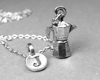 Espresso maker necklace, Coffee Maker Charm, 3D silver plated pewter, initial necklace, initial hand stamped, personalized initial, monogram