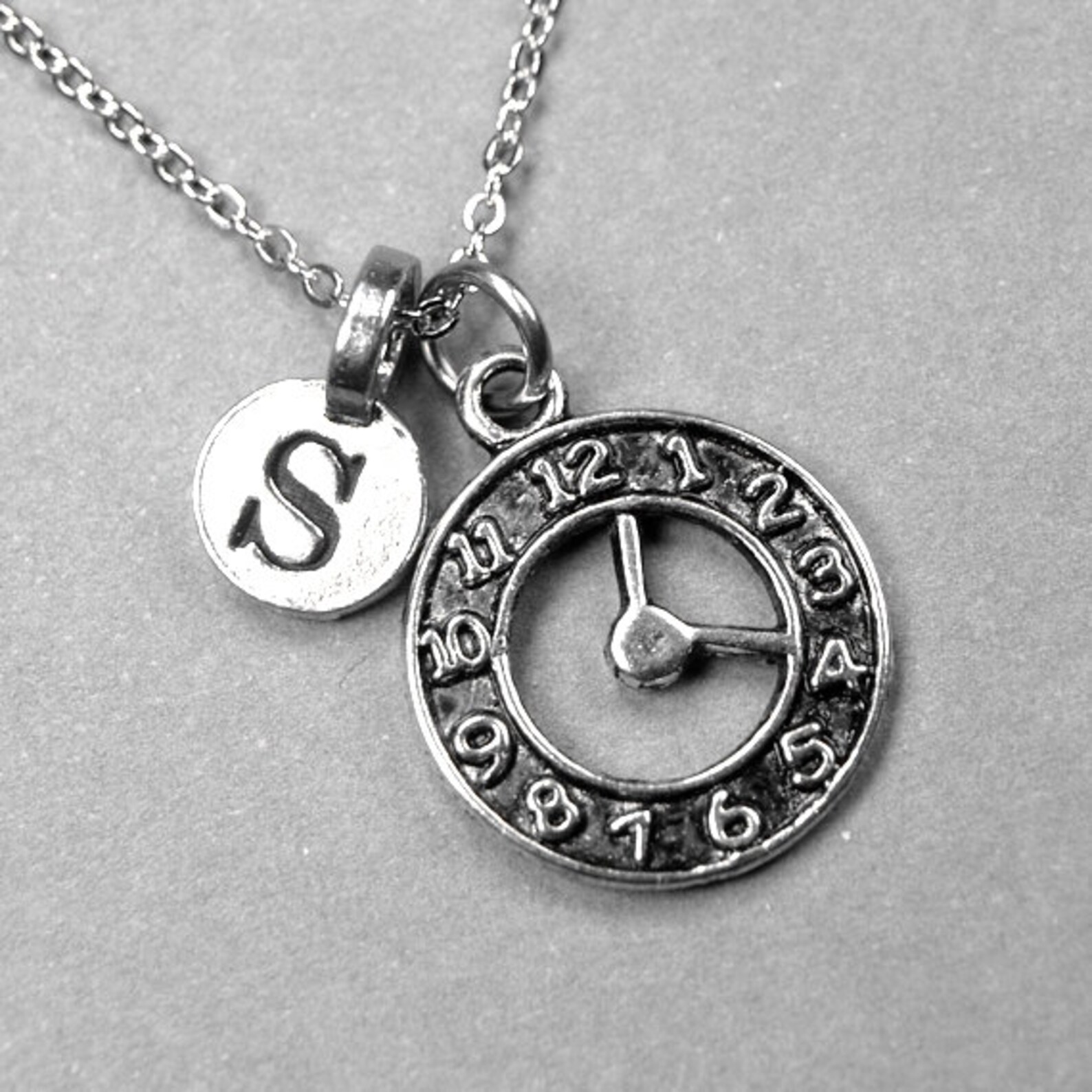 Clock Charm Necklace Time Piece Antiqued Silver Plated Etsy
