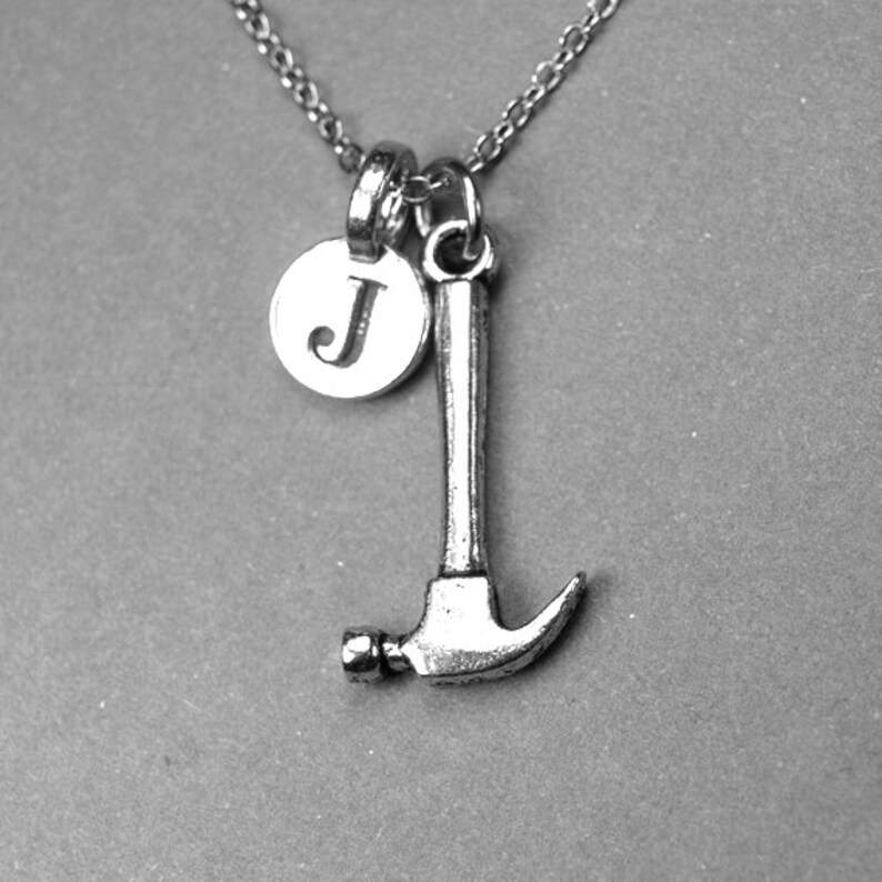 Hammer Necklace Hammer Charm Silver Plated Pewter Initial Etsy