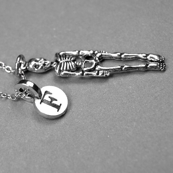 Skeleton Necklace Human Charm Silver Plated Pewter Initial - Etsy