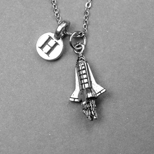 Rocket Necklace, Spaceship Necklace, Rocket ship charm, personalized jewelry, initial necklace, monogram, initial jewelry, silver pewter