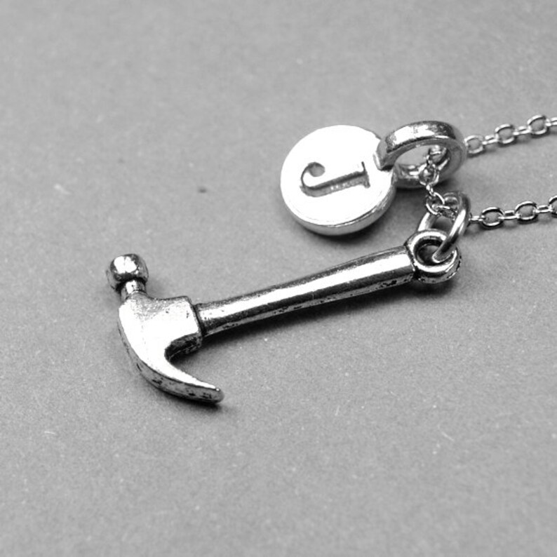Hammer Necklace Hammer Charm Silver Plated Pewter Initial Etsy