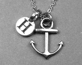 Anchor Necklace, Anchor Charm, Nautical Necklace,  silver plated pewter, initial necklace, initial hand stamped, personalized, monogram