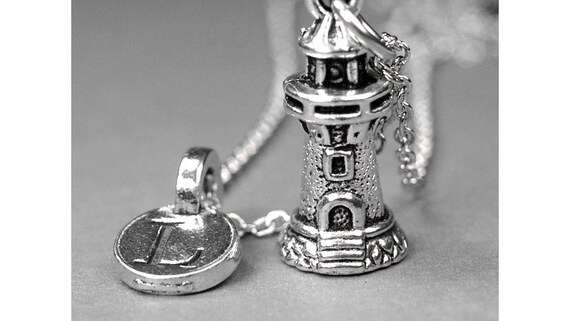 Lighthouse Necklace monogram letter personalized initial hand stamped initial necklace antiqued silver pewter light house charm