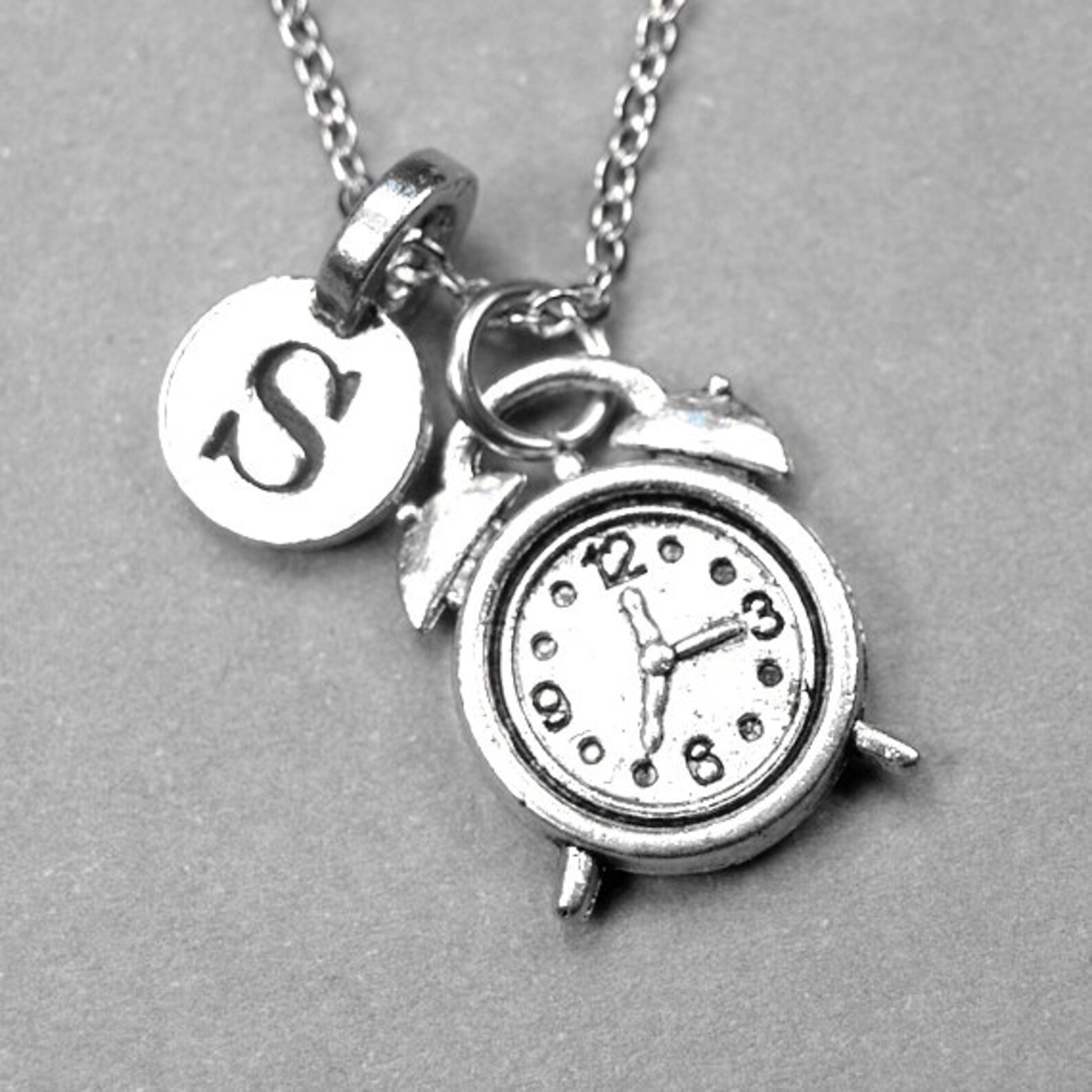 Alarm Clock Necklace Retro Clock Charm Antiqued Silver Etsy