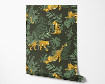 May include: Wallpaper roll featuring a repeating pattern of yellow leopards and green tropical foliage on a dark green background. The text "WallLux Wallpapers" is printed at the bottom. The wallpaper is unrolled, showing the design.