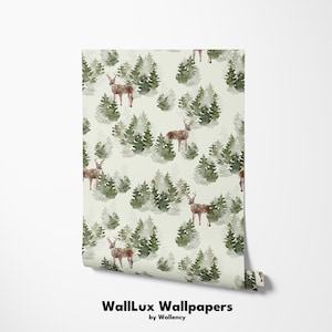 May include: Wallpaper roll featuring a repeating pattern of deer and evergreen trees in shades of brown and green on a cream background. The text "WallLux Wallpapers" is printed at the bottom.