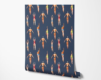 Retro Swimmers Wallpaper: Nautical Beach Decor, Removable Peel & Stick