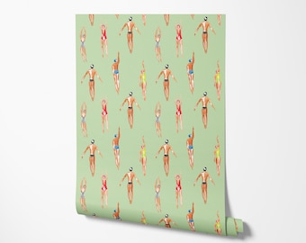 Swimmers Wallpaper: Retro Watercolor Peel and Stick Wall Decor