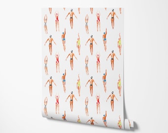 Retro Swimmers Wallpaper: Nautical Beach Decor, Removable Peel & Stick