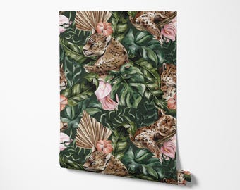 Tapete Aquarell Leopard: Tropisches Palmenblatt-Muster, entfernbar durch Abziehen und Aufkleben