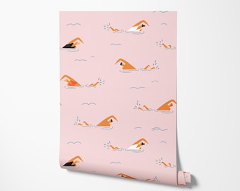 Retro Swimmers Wallpaper: Nautical Beach Decor, Removable Peel & Stick