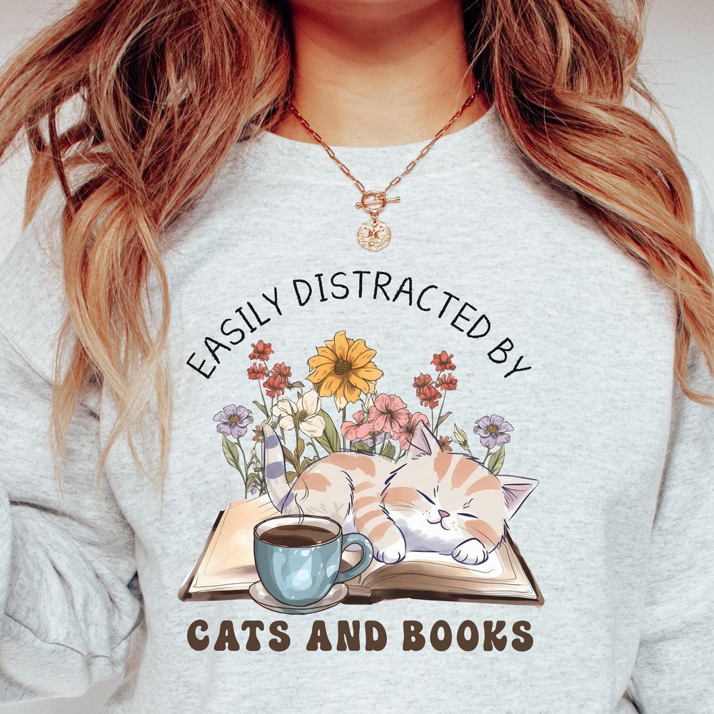 Easily Distracted By Cats And Books, Book Lover Shirt Funny Cat Book Shirt Cat Print Shirt Cat Lover Shirt Cat Themed Apparel Cat Lady Shirt Store24Hs