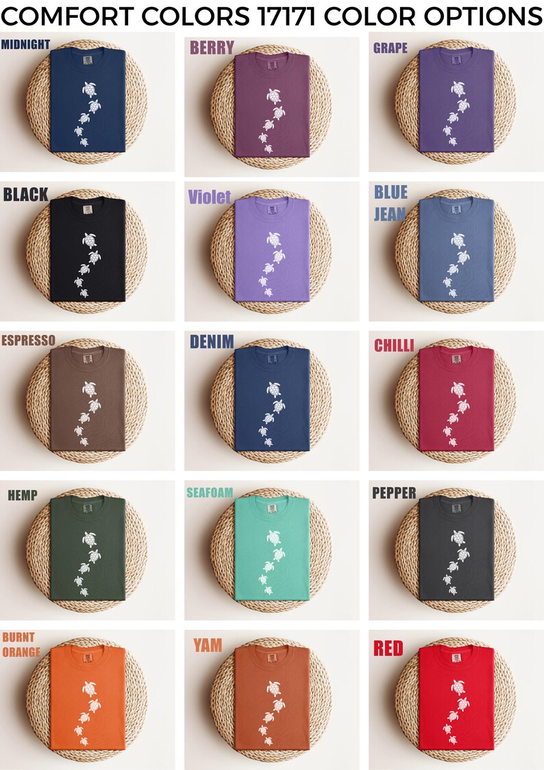 May include: A collection of Comfort Colors t-shirts in various colors, including Midnight, Berry, and Grape. Each shirt features a white turtle graphic. The text "COMFORT COLORS 17171 COLOR OPTIONS" is at the top.