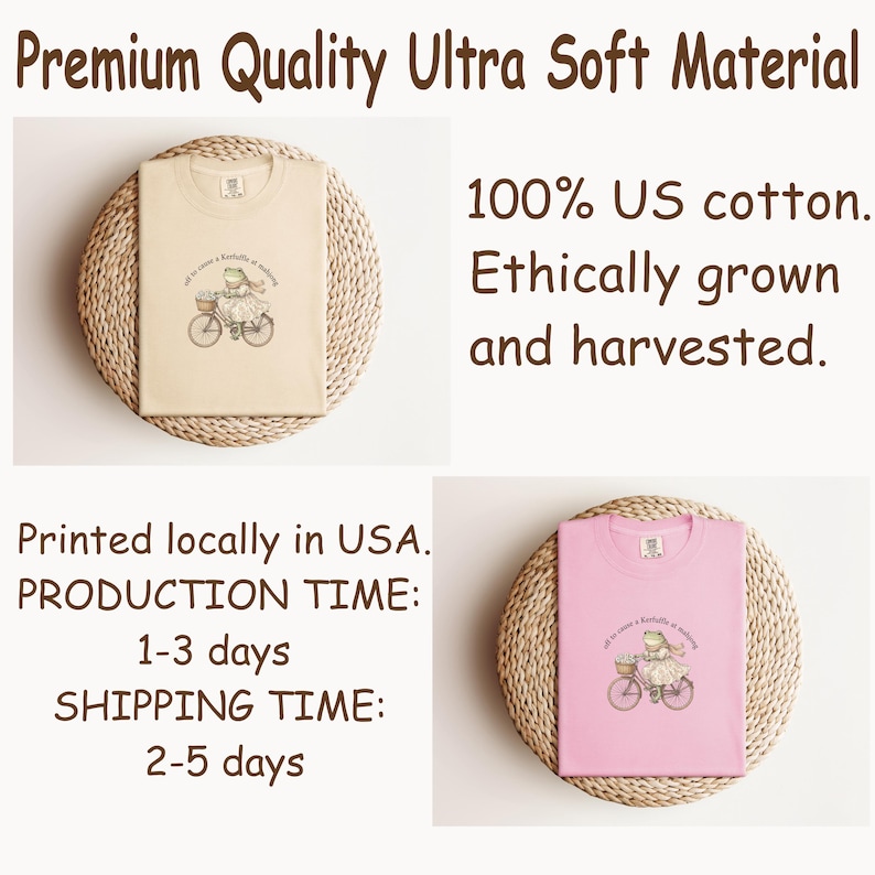 May include: Two t-shirts, one beige and one pink, each with a whimsical illustration of a frog on a bicycle. The beige shirt is on a woven mat. The pink shirt is also on a woven mat. The text on the shirts reads "all to come a kartoffel at anytime".