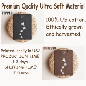 May include: Two t-shirts, one pepper-colored and one espresso-colored, each with a white turtle design. The shirts are made of 100% US cotton. The text on the image says "Premium Quality Ultra Soft Material."