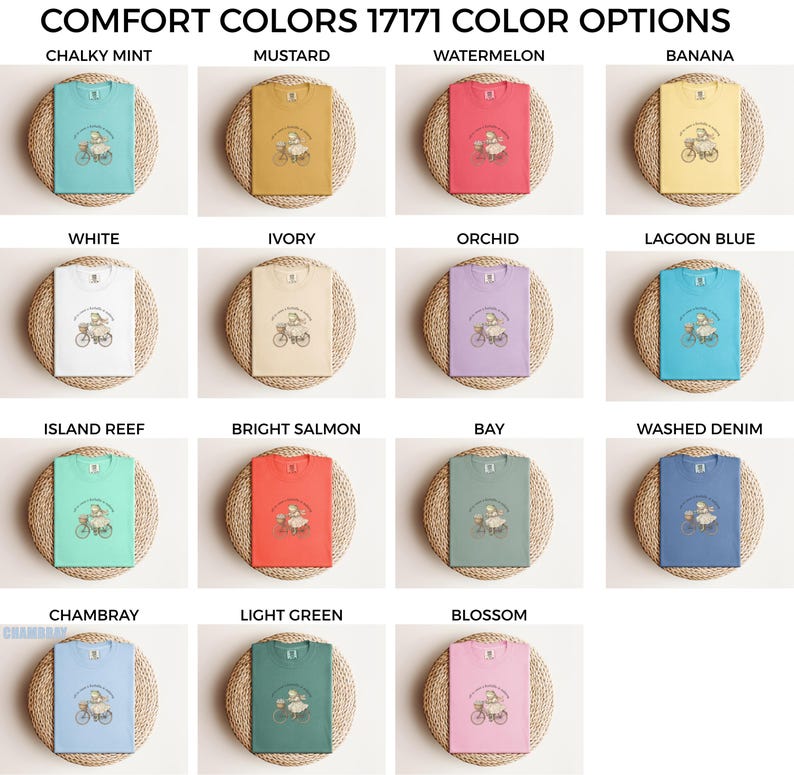 May include: A selection of Comfort Colors t-shirts in shades like Chalky Mint, Mustard, Watermelon, and Banana. Each tee displays a bicycle-riding graphic. The text "COMFORT COLORS 17171 COLOR OPTIONS" is visible at the top of the image.
