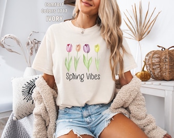 Tulpen Comfort Colors®-shirt, lenteoutfits, bloemenshirt, lentesfeer, tuinshirt, T-shirt tulpen, T-shirt bloemen, T-shirt bloemen, tulpenprint